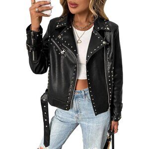 Women's Studded Faux Leather Moto Jacket Black PU Biker with Rivets Punk Black